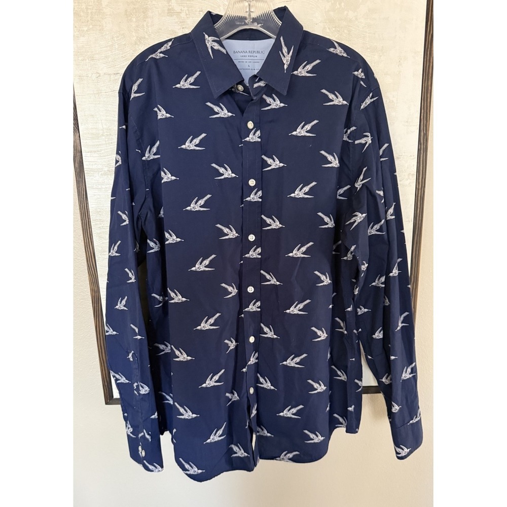 Banana Republic Mens Luxe Poplin Untucked Slim Fit Bird Print Blue Shirt Large